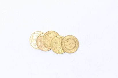 null Lot de cinq pièces en or de 20 francs Génie IIe & IIIe république (1848 A ;...