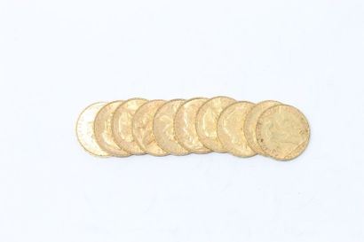 null Lot de dix pièces en or de 20 francs au Coq (1902 ; 1904 x 2 ; 1905 x 2 ; 1907...