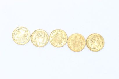 null Lot de cinq pièces en or de 20 francs comprenant : 

- Napoléon III - tête laurée...