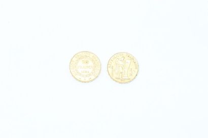 null Deux pièces de 20 francs en or Génie (1893 A ; 1896 A).

TB à TTB.

Poids :...