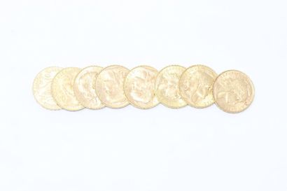 null Huit pièces de 20 francs en or Coq (1906 ; 1908 x 2 ; 1909 ; 1911 x 2 ; 1912...