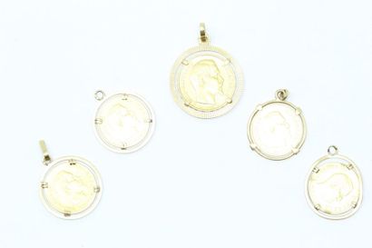 null Five "Napoleon bare-headed" gold coins mounted in pendant, 18k (750) yellow...