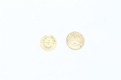 null Two gold coins: 20 francs Genie (1887 A) and 10 francs Napoleon bareheaded (1858...
