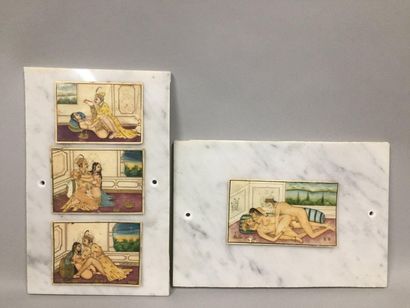  INDIA, 19th century 
Set of four erotic miniatures 
Laminated on marble 
Small accidents...