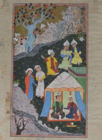 null Illuminated page on one side of a scene of characters conversing in a garden...