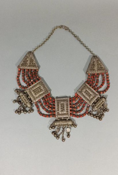 null Metal necklace composed of three rectangular plates decorated with cylindrical...