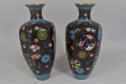null CHINA, circa 1900 
Pair of cloisonné enamel vases, the hexagonal body decorated...