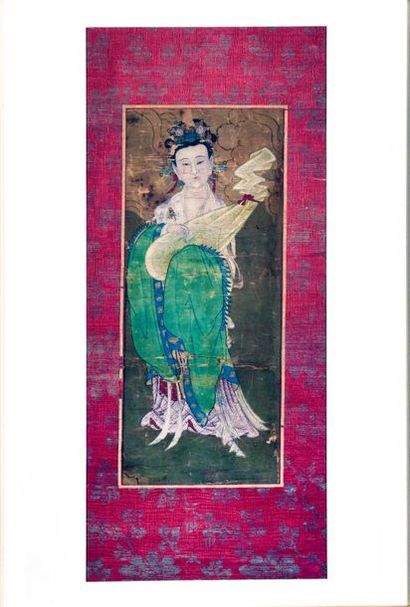null CHINA, Beginning of the 19th century Polychrome ink on paper, young woman with...