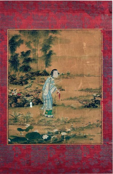 null CHINE, Epoque MING (1368 - 1644)
Fragment de peinture, joueuse de pipa debout...