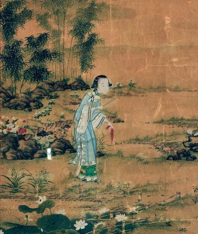 null CHINA, MING Period (1368 - 1644) Fragment of a painting, a pipa player standing...