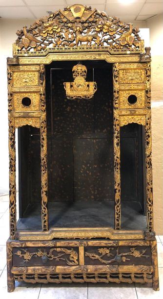 Black lacquered carved wooden Buddhist altar...