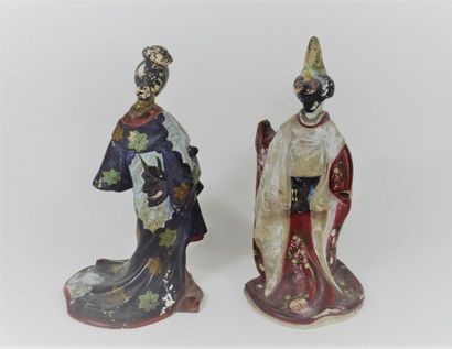  JAPAN, Early 20th century 
Two painted terracotta statuettes, representing ladies...