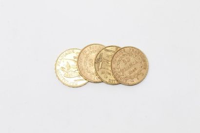 null Quatre pieces en or de 20 francs Génie (IIIè République, Dupré). (1877 A ; 1890...