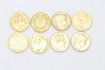 null Eight gold coins of 20 francs each comprising : 

- Napoleon bareheaded, pendulum...