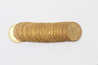 Dix-neuf pièces en or de 20 francs Coq (de...