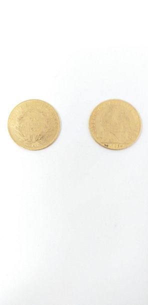 null Lot de 2 pièces en or comprenant : 

- 10 francs coq 1906

- 10 francs Napoléon...