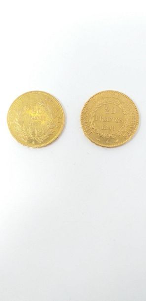 null Lot de 2 pièces en or comprenant : 

- 20 francs Napoléon tête nue,1857 A

-...