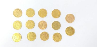 null Suite of 14 gold coins of 20 francs from the year 12 to 1909 including : 

-...