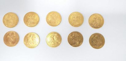 null Lot de 10 pièces en or de 20 francs Coq. 

TB à SUP. 

Poids : 64.5 g. 