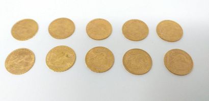 null Lot de 10 pièces en or de 20 francs Coq.

TB à SUP. 

Poids : 64.5 g.