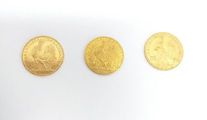 null Lot de trois pièces en or de 20 francs Coq.

TTB à SUP.

Poids : 19.35 g. 