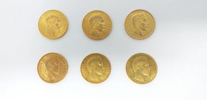 null Lot de 6 pièces en or comprenant : 

- 20 francs Napoléon III tête nue 1854...