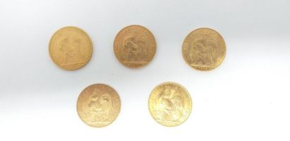Lot of 5 gold coins of 20 francs Rooster,...