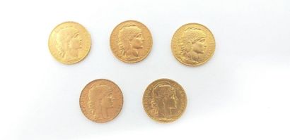null Lot de 5 pièces en or de 20 francs Coq, 1900 ; 1908 ; 1910 ; 1911 ; 1913

Poids...