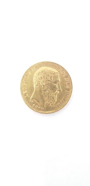 null Gold coin 20 francs Leopold II bare head 1877. 

Weight : 6.45 g. 