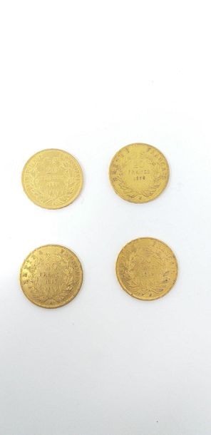 Set of 4 gold coins of 20 francs Napoleon...