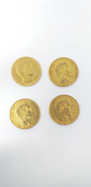 null Lot de 4 pièces en or de 20 francs Napoléon III tête nue, 1857 A ; 1859 A ;...