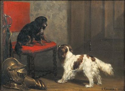 CUNAEUS Conradijn (1828 -1895) Les deux épagneuls Huile sur panneau. Signé en bas...