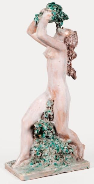 CAZAUX Édouard (1889 -1974) Jeune femme nue à la grappe de fruits Sujet en terre...