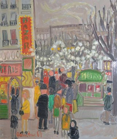 GAMBUS Simone, née en 1928 L'avenue illuminée, 1967, huile sur isorel (accidents...