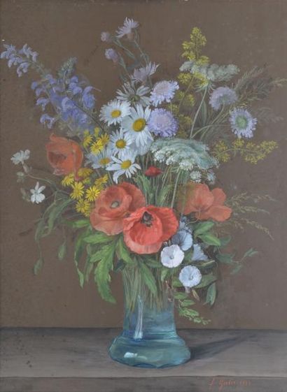 GERBER, XIXe siècle Bouquet champêtre, 1884, gouache sur papier (piqûres), signé...