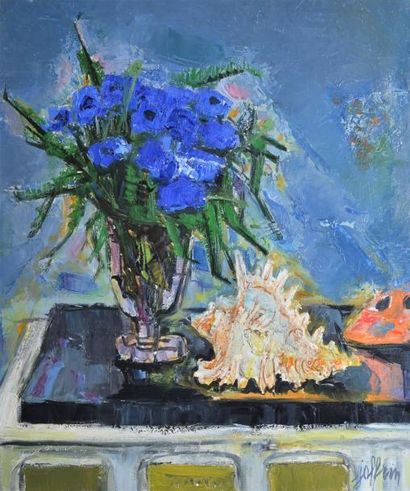 JOFFRIN Guily, 1909-2006 Le bouquet de bleuets, huile sur toile (très petits manques),...