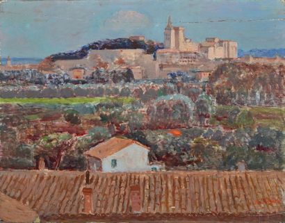 KLEIN Georges André, 1901-1992 Ville du Midi, huile sur panneau (fente restaurée...