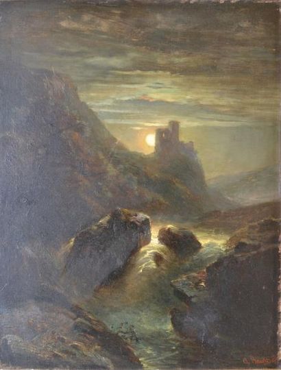 BAUDIT Amédée, 1825-1890 Torrent et château au clair de lune, 1868, huile sur panneau,...