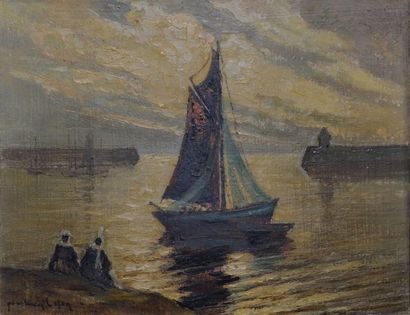 LAFON Paul-Henry, XIX-XXe siècle Départ de pêche en Bretagne, huile sur panneau,...