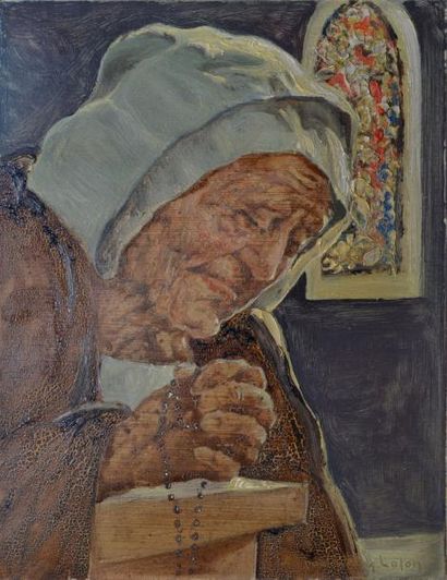LAFON Paul-Henry, XIX-XXe siècle Bretonne en prière, huile sur papier marouflé sur...