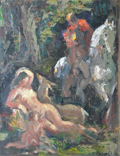 LANGLADE Pierre, 1907-1972 Baigneuse et cavalier, huile sur isorel, signé en bas...