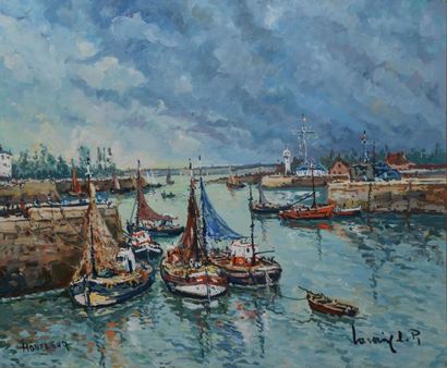 LAVOINE Robert L. P., 1916-1999 Honfleur, l'avant-port, huile sur toile, signée en...