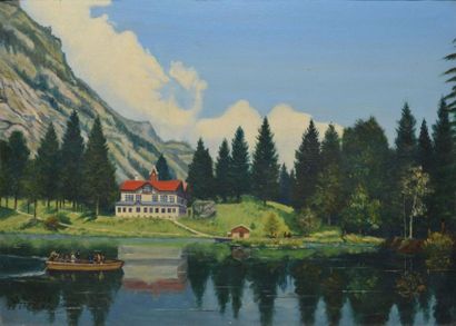 LEGENDRE G., école naïve XXe siècle Le lac bleu, Suisse, juillet 1959, huile sur...