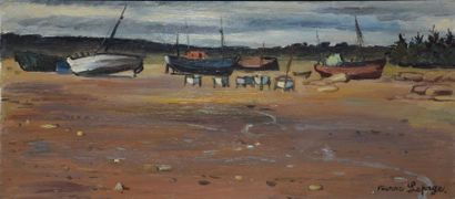LEPAGE Pierre, 1906-1983 Bateaux à marée basse, Pouldhoan (?), huile sur toile, signée...