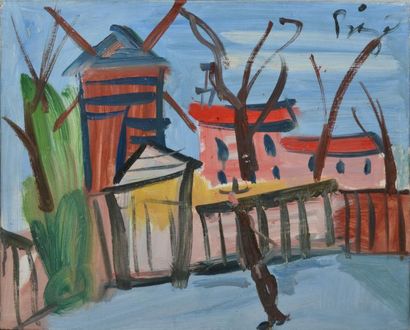 BÉGO Charles, 1918-1983 Moulin à Montmartre, huile sur toile (craquelures), signée...
