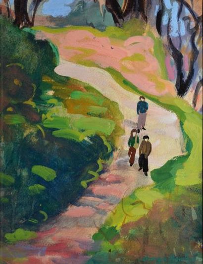 MARCHOU Georges, 1898-1984 Promeneurs au chemin, peinture sur carton marouflé sur...