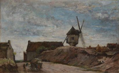 MARLET P., XIXe siècle Village au moulin, huile sur toile (bordures refaites et restaurations),...