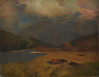 MÉNARD Émile René, 1861/62-1930 Vallée et montagnes, huile sur toile (craquelures),...