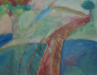 MICHAELIS Jochen, né en 1938 Le pont sur la rivière, 1962, aquarelle, signée et datée...