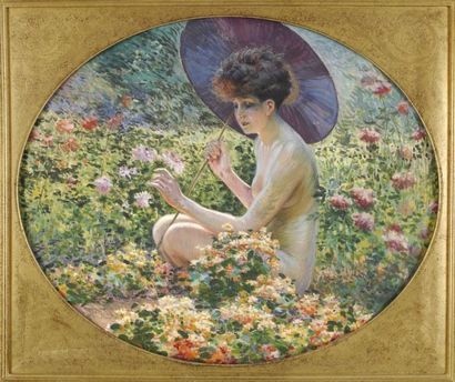 MILLIÈRE Maurice, 1871-1946 Baigneuse à l'ombrelle japonaise au jardin, gouache sur...